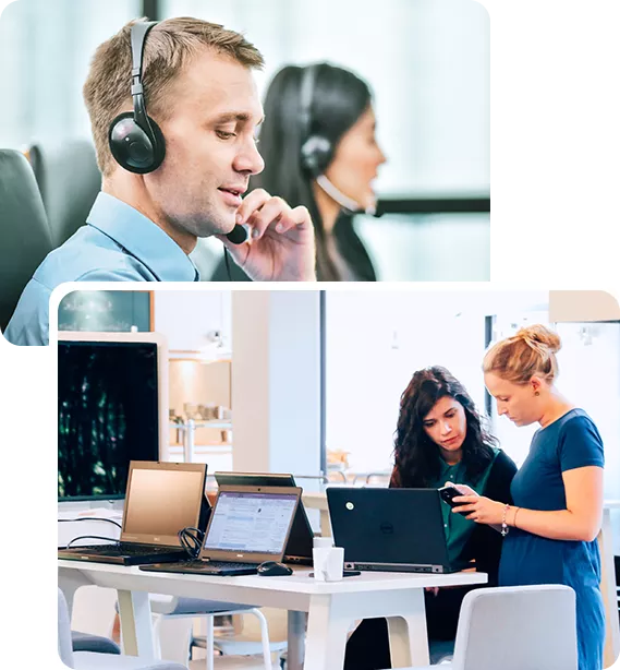 Man with a telephone headset and two women working on laptops