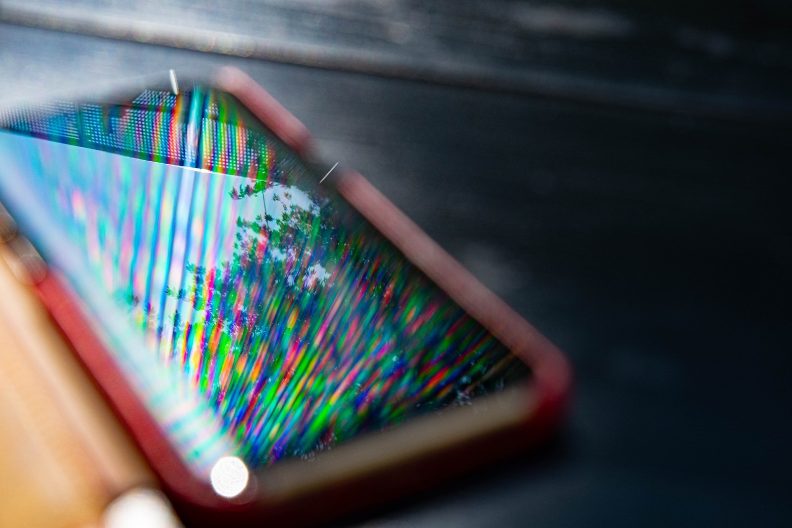mobile phone with a reflection of trees on the screen