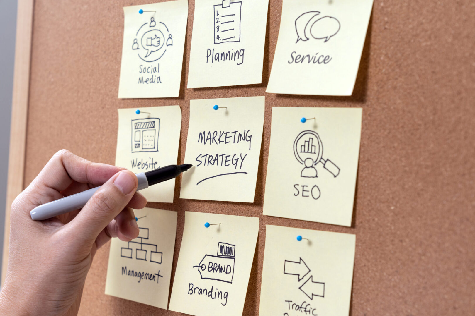 9 post-it notes on a corkboard related to SEO and marketing