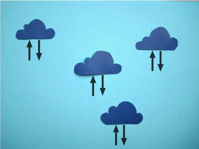 four paper cut-outs of clouds with up/down arrow symbols underneath them